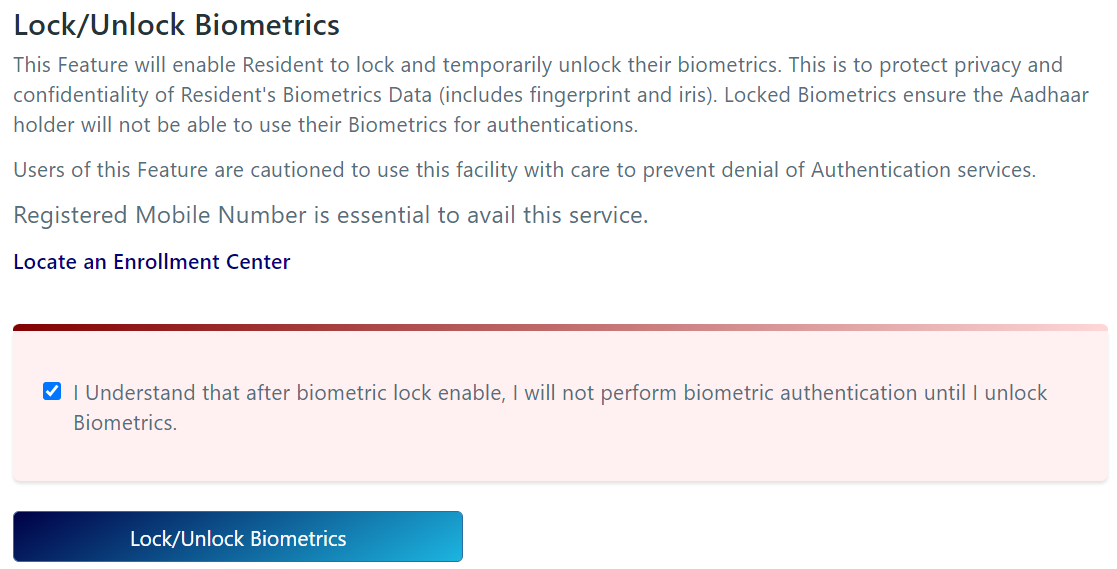 Lock / Unlock biometrics in AADHAAR; disclaimer.